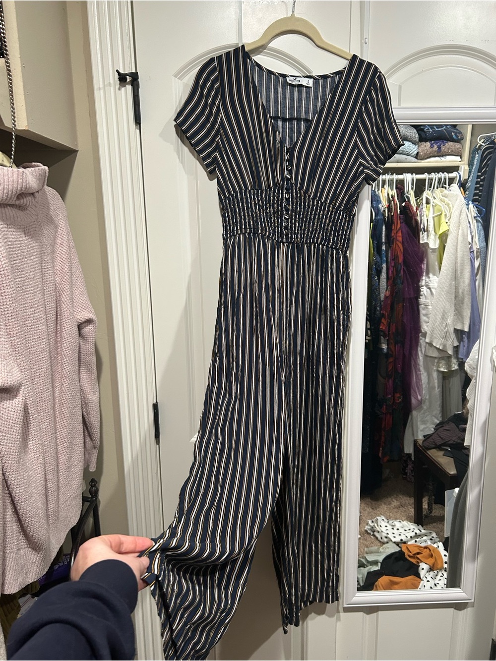 Hollister Navy and Cream Striped Smocked-Waist Jumpsuit